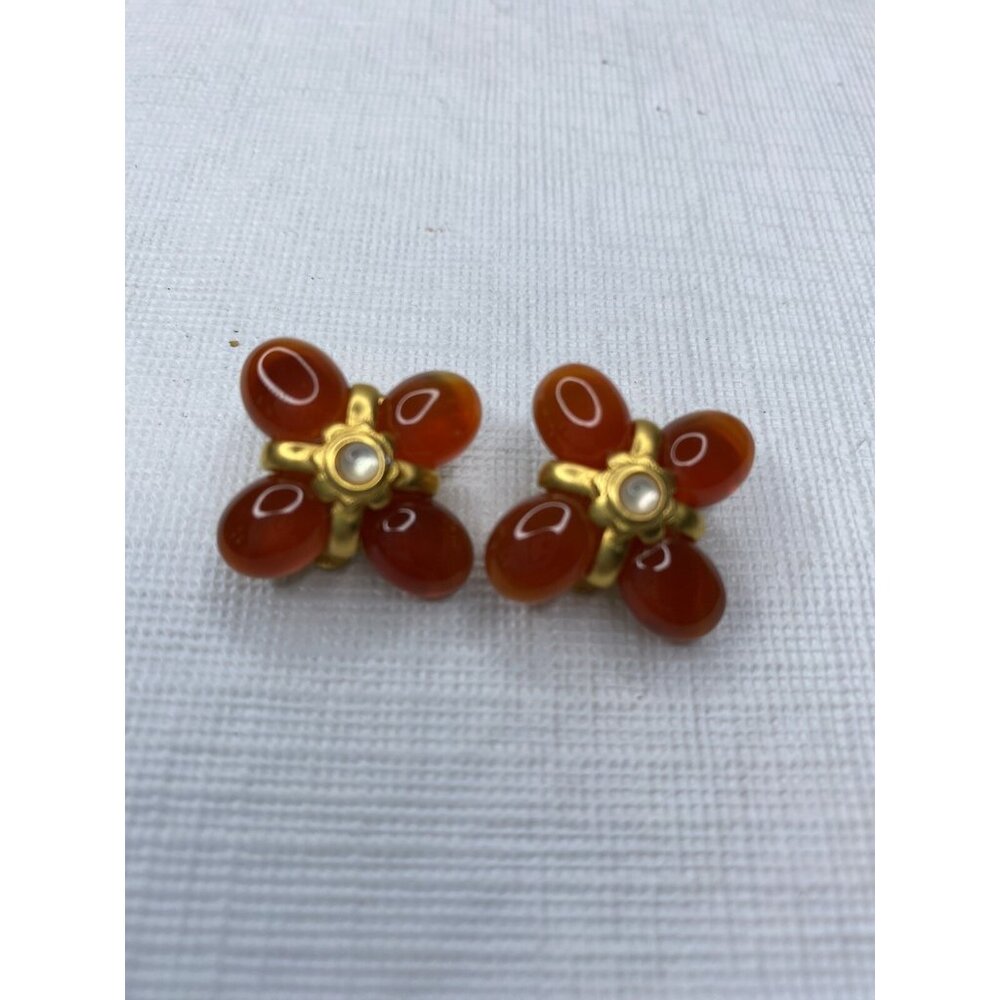 Jaded Earrings 21K Gold Plated Orange Clip On Carnelian Stone